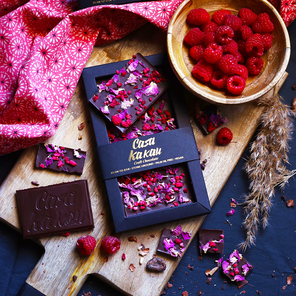 Chocolate with Bulgarian rose petals and raspberry