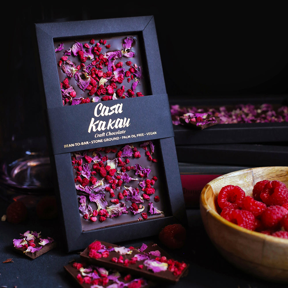Chocolate with Bulgarian rose petals and raspberry