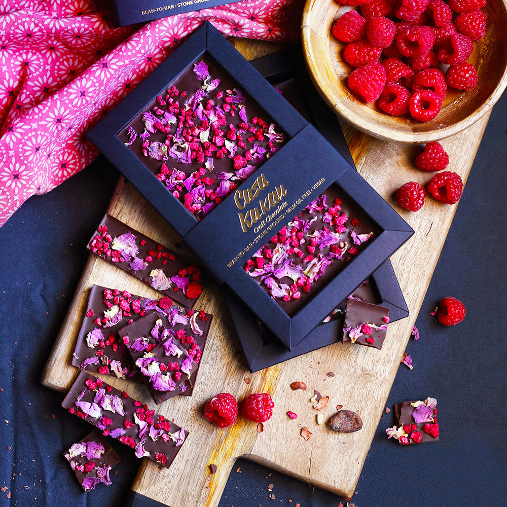 Chocolate with Bulgarian rose petals and raspberry