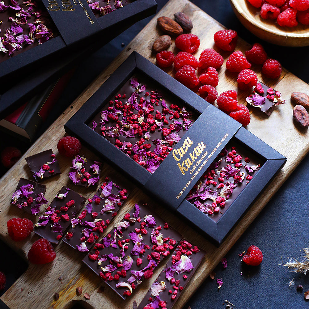 Chocolate with Bulgarian rose petals and raspberry