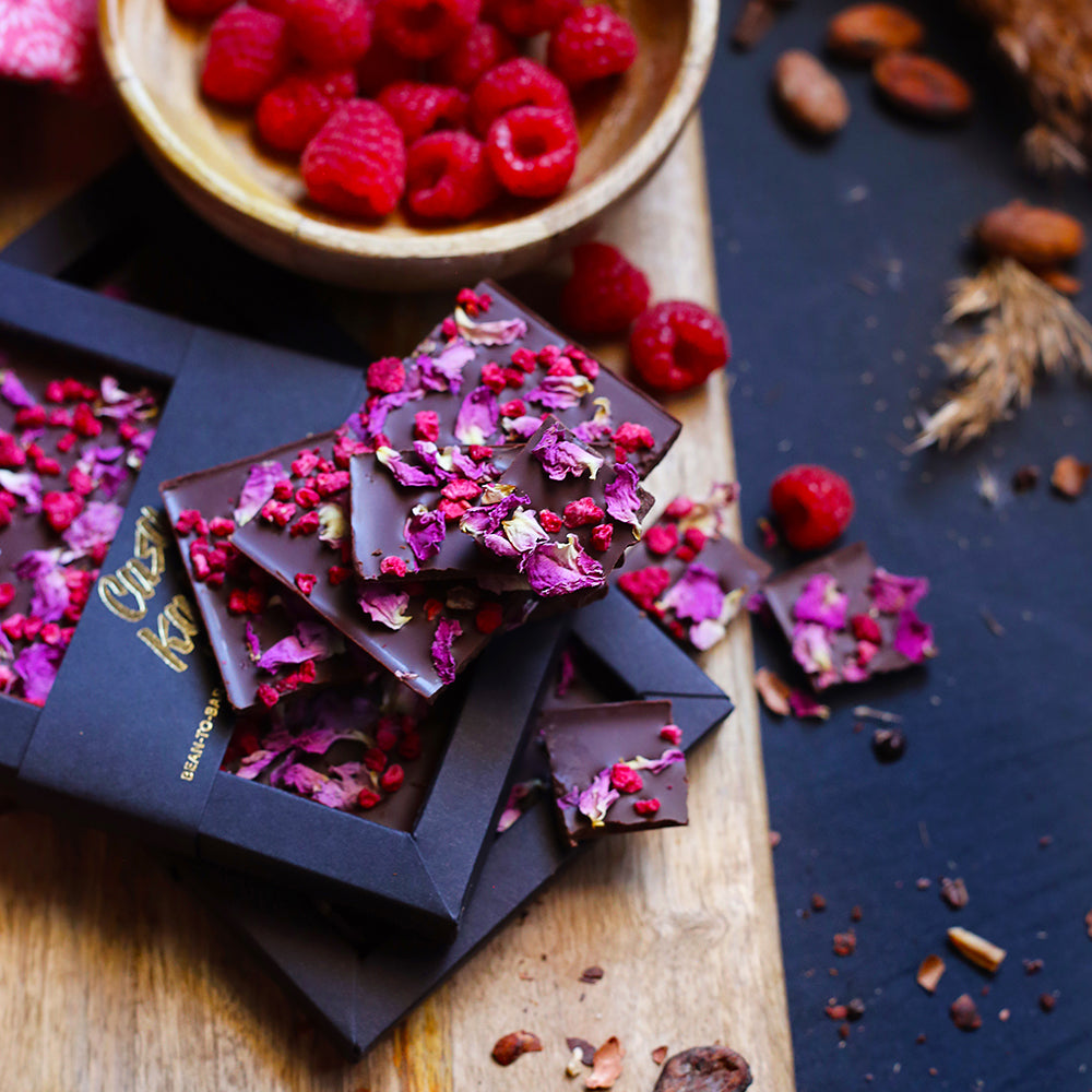 Chocolate with Bulgarian rose petals and raspberry